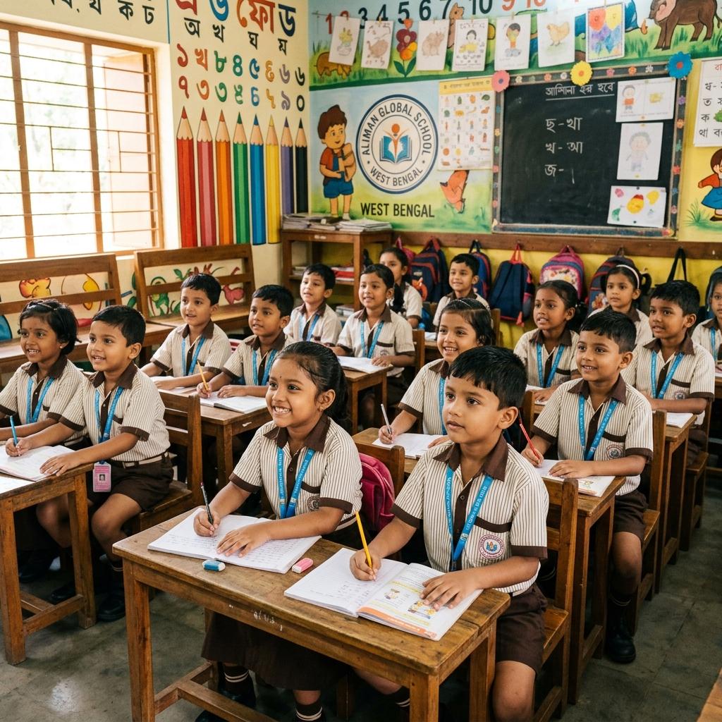 Children at Aliman Global School in Murarai, Birbhum wearing official pinstripe & brown collar uniforms in front of hand-painted wall murals