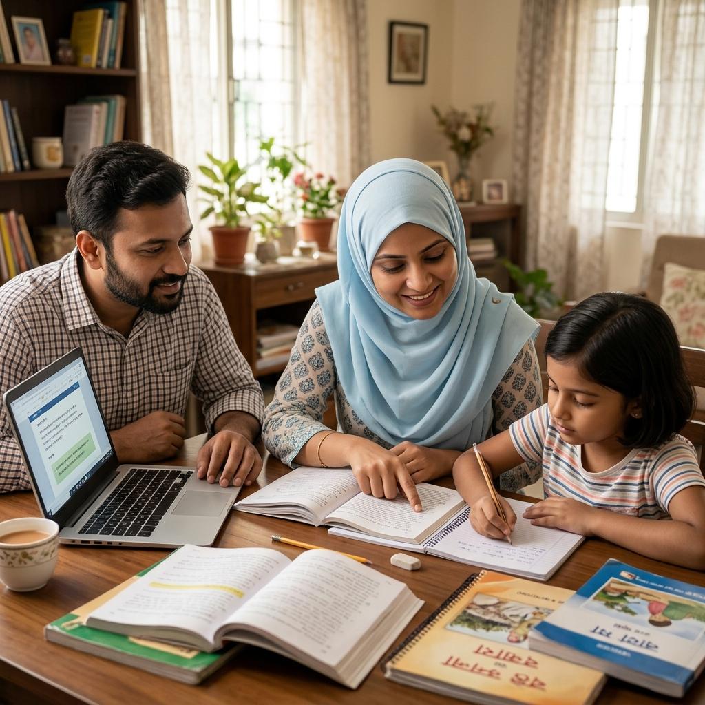 Indian Muslim parents supporting their child with homework and digital study tools at a home desk in West Bengal